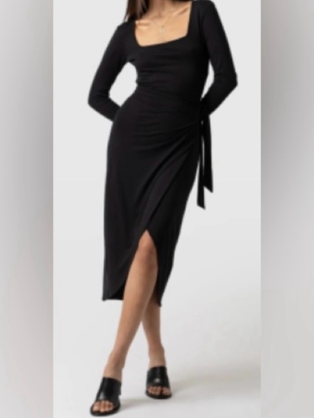 Black Square-Neck Long Sleeve Midi Dress with Side Tie